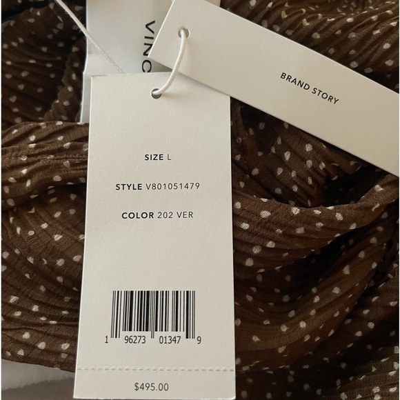 VINCE Starry Dot Long Sleeve Pleated Midi Dress Brown Polka Dot Large NWT - Picture 6 of 6